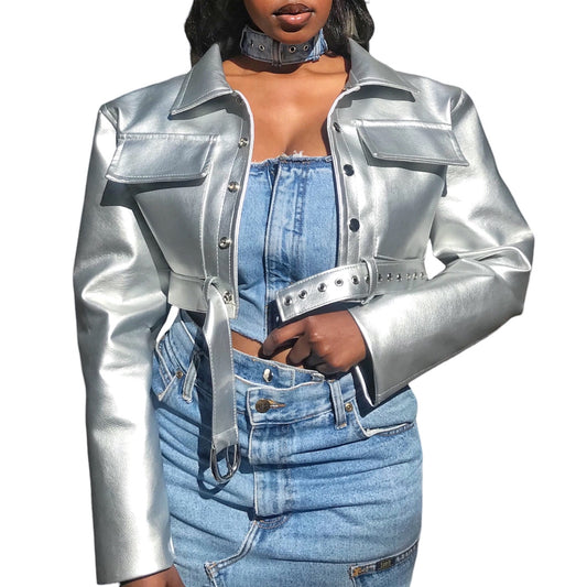 Cropped Leather Jacket- SILVER