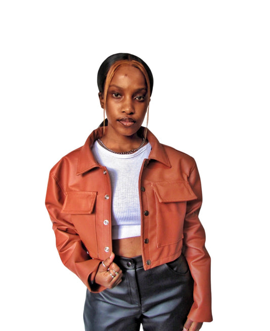 Cropped Leather Jacket- BROWN